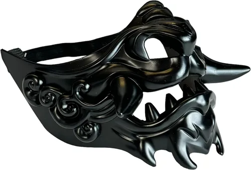 Vista 4 de Monstruo japonés Hannya Máscara Guardián León Demonio Oni Samurai Escudo de media cara (negro)