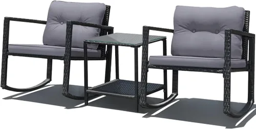 Vista 8 de DORTALA Juego de muebles de patio de 3 piezas, mecedora de ratán y mesa de centro de cristal con cojines, juego de 3 muebles de mimbre
