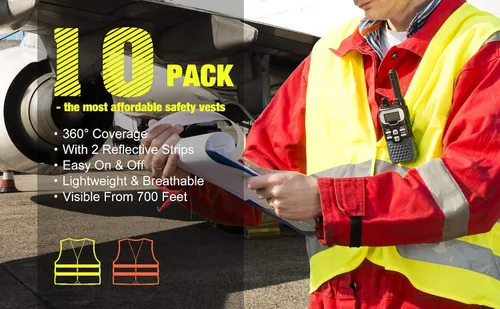 Vista 6 de DUSKCOVE Paquete de 10 chalecos de seguridad de alta visibilidad con 2 tiras reflectantes Hi Vis para hombres y mujeres, chalecos de construcción
