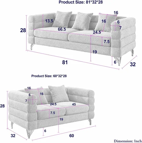Vista 2 de Cómodo sofá de 3 plazas, sofá Boucle de gran tamaño de 81 pulgadas con diseño de asiento profundo, sofá tapizado con 2 almohadas, moderno sofá