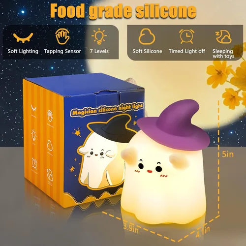 Vista 7 de Luz nocturna fantasma, luz nocturna de Halloween con temporizador, lámpara táctil suave y exprimible, lámpara recargable y regulable