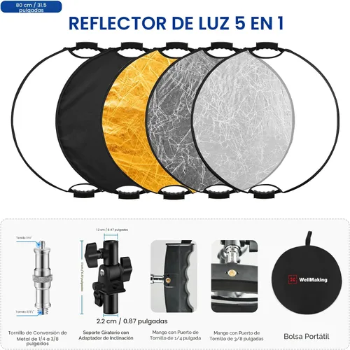 Vista 2 de WELLMAKING Reflector de 32 Pulgadas (80cm) para Fotografía, Reflector de Luz Plegable con Bolsa y Adaptador de Inclinación, Reflector de Manija 5