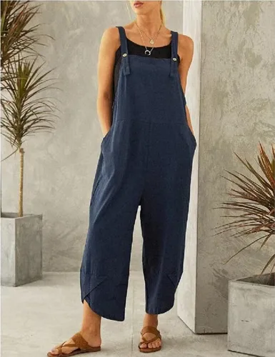Vista 3 de Lingjiazi Overol de algodón y lino ajustable para mujer, sin mangas, holgado, con bolsillos
