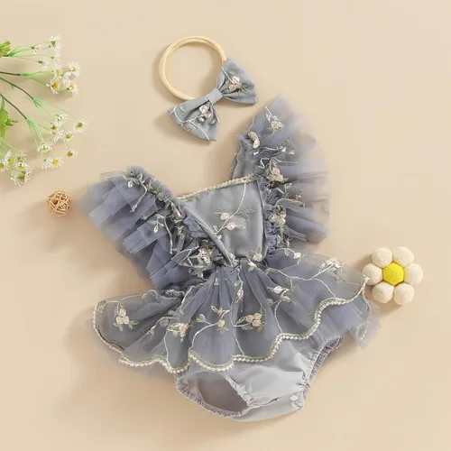 Vista 4 de Comoraecos Vestido mameluco de encaje floral para bebé, vestido de princesa con bordado de tutú y mangas para atar, sin espalda, vestido de princesa