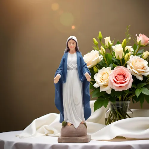 Vista 8 de Estatua de Nuestra Señora de Gracia – Figura de 8.5 pulgadas, decoración religiosa católica de resina para altar del hogar, mesa de oración, Azul