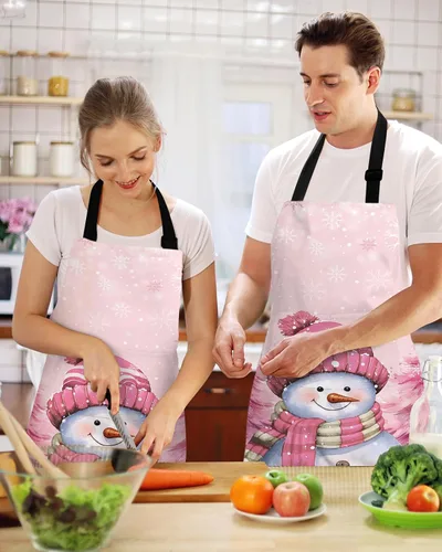 Vista 2 de Pink Snowman Christmas Bib Aprons with Pockets Waterproof, Adjustable Apron for Men Women Xmas Tree Winter Snowflake Pink