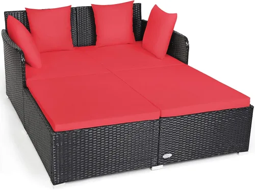 Vista 11 de COSTWAY Sofá Cama de Ratán para Patio Exterior, Sofá de Dos Plazas con Cojines de Esponja y 4 Almohadas, Muebles de Mimbre Cama Solar para Balcón