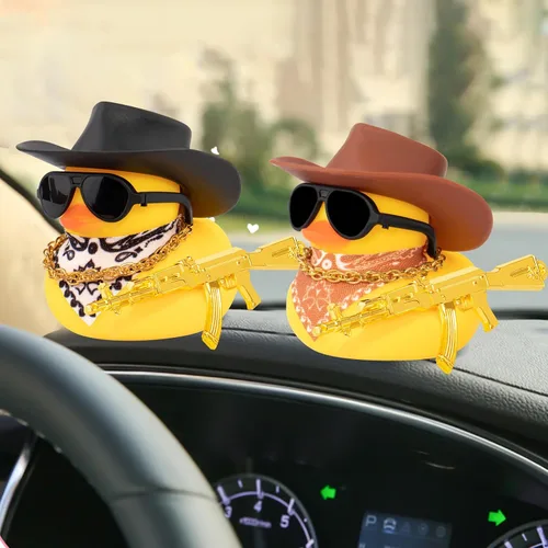 Vista 7 de wonuu Adornos de Pato de Goma para Coche Decoraciones de Salpicadero de Coche para Accesorios Geniales de Coche con Sombrero de Vaquero Collar