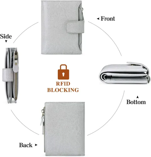 Vista 4 de FALAN MULE - Cartera de cuero auténtico para mujer, pequeña, plegable y compacta, con bloqueo de interferencia de radiofrecuencia (RFID)