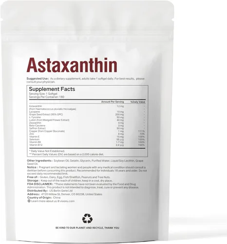 Vista 9 de VivoNu Suplemento de astaxantina + luteína – 12 mg de astaxantina de microalgas y 40 mg de luteína con zeaxantina – Fórmula antioxidante celular
