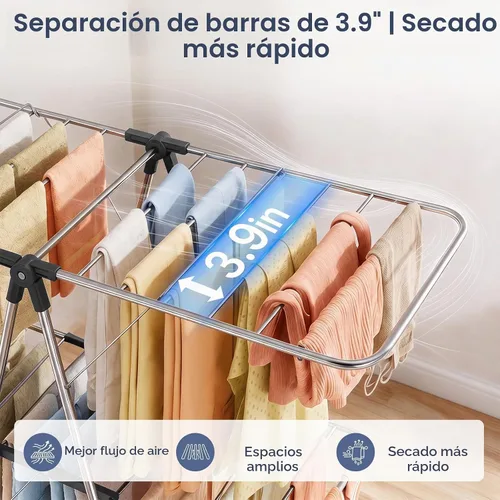 Vista 8 de Estante de secado de ropa plegable de 2 niveles de acero inoxidable, altura Negro oscuro