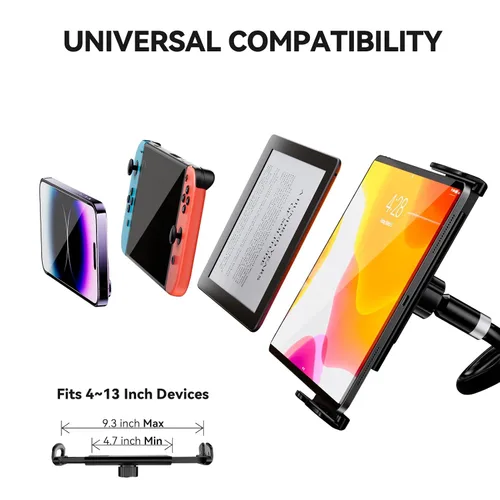 Vista 5 de FlyCoco Soporte para tablet con cuello de cisne, clip de soporte con brazo largo flexible para cama, compatible con iPad Pro Air/iPhone/Kindle Negro