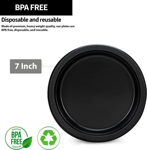 Vista 2 de Hanna K. Signature - Platos de plástico negro para fiesta, platos desechables de 7 pulgadas, 50 unidades, suministros de fiesta para aperitivos