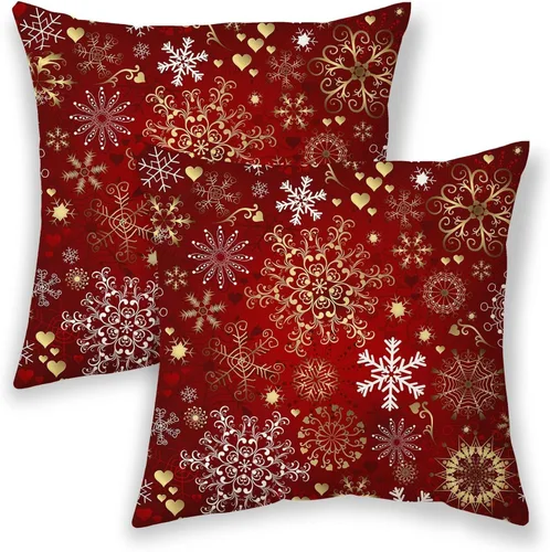 Vista 21 de Fundas de almohada de Navidad de 16 x 16 pulgadas, almohadas decorativas de Navidad con copos de nieve dorados, blancos y rojos para sofá, fundas