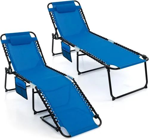 Vista 11 de Goplus Tumbona para exteriores, silla plegable de 5 posiciones para playa, con almohada desmontable, bolsillo lateral, tumbona para tomar el sol