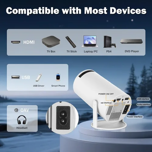 Vista 6 de Mini proyector compatible con 1080P, proyector de cine en casa de 200 Ansi, proyector portátil con WiFi y Bluetooth, corrección trapezoidal