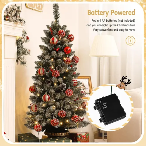 Vista 5 de Decoway Árbol de Navidad de 4 pies preiluminado, mini árboles artificiales con base de maceta dorada, nieve flocada, 70 luces LED blancas cálidas