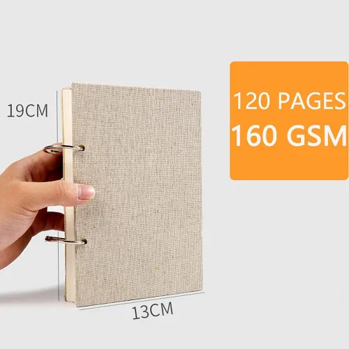 Vista 2 de Cuaderno de bocetos retro en espiral, tapa dura, de lino, 120 páginas, 160 GSM, grueso, recargable, hojas sueltas, para dibujar arte, papelería