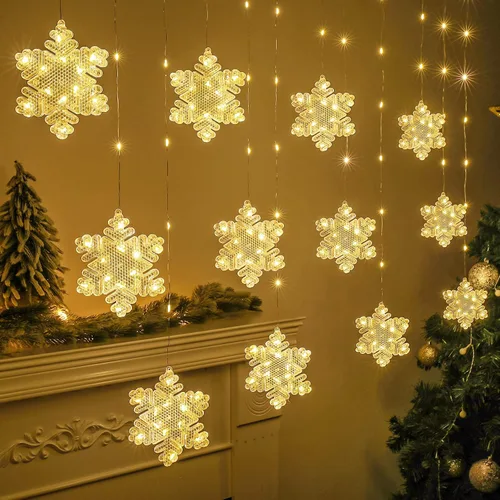 Vista 6 de BLOOMWIN Luces de ventana de decoración de Navidad de 10 pies, 12 copos de nieve, luces de carámbano, luces USB de cortina de Navidad