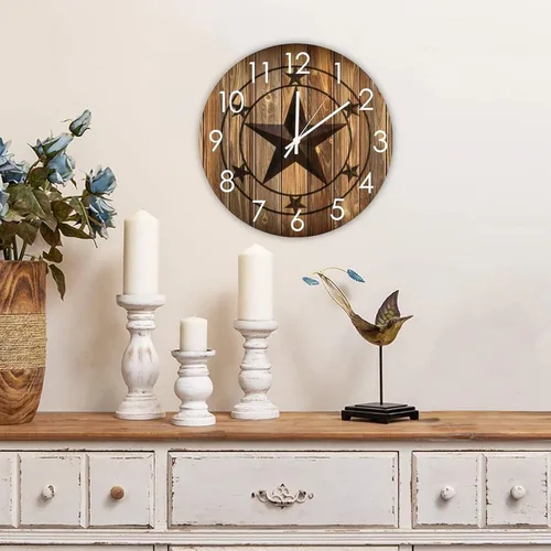 Vista 3 de Reloj de pared redondo de madera con estrella de Texas occidental, silencioso a pilas, funciona con pilas, decoración del hogar para sala de estar