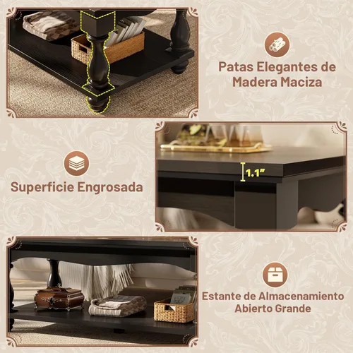 Vista 4 de Besiost Mesa auxiliar de 47 pulgadas con almacenamiento, diseño de granja de 2 niveles, patas de madera maciza, mediados de siglo para sala de Negro