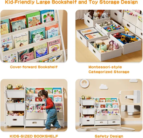 Vista 6 de HAVLOTII Estantería para niños y almacenamiento de juguetes, estante para libros para habitaciones de niños, estantería para bebés para guardería