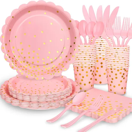 Vista 10 de 175 piezas de decoración de fiesta verde y dorada - Suministros de fiesta con platos y servilletas verdes - Platos de papel festoneados