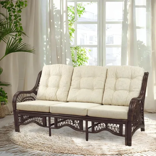 Vista 12 de Malibu Lounge Sofá de tres plazas de mimbre de ratán natural, diseño hecho a mano (cojines marrón claro, colonial)