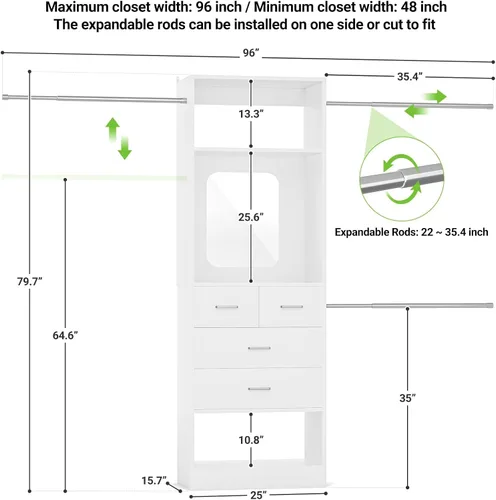 Vista 7 de Unikito Organizador de armario de 48 pulgadas de ancho a 96 pulgadas de ancho, kit de inicio de sistemas de walk-in closet de 8 pies con torre de 25