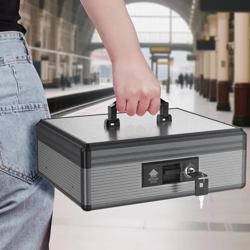 Vista 6 de Caja de Efectivo con Cerradura con Bandeja para Dinero y Llave, Caja Fuerte Segura para Efectivo, Caja de Dinero Portátil con Espacios