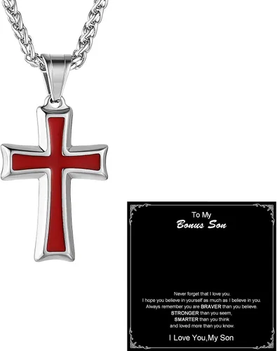 Vista 8 de HZMAN Collar con colgante de cruz de acero inoxidable para hombres con cadena de trigo Negro & rojo