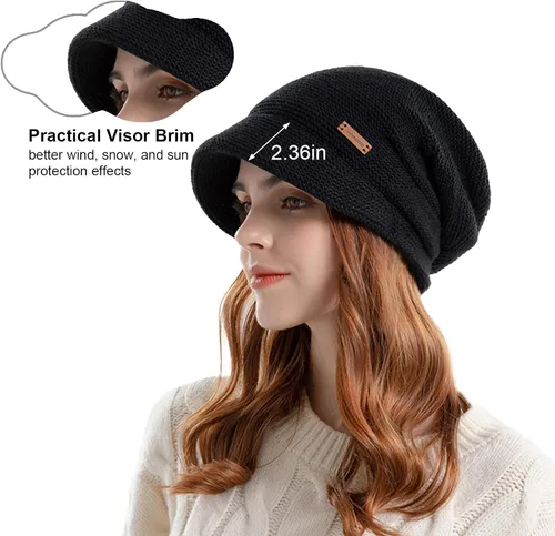 Vista 4 de Gorro de punto holgado para mujer, con forro polar cálido, gorro elástico con visera