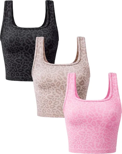 Vista 16 de OLCHEE - Camisetas cortas sin mangas para mujer, pack de 3, básicas, sin costuras, acanaladas, cuello cuadrado, para entrenamiento, verano Negro +
