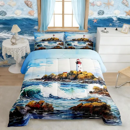 Vista 25 de Castle Fairy Juego de edredón de verano para niños, tamaño individual, diseño náutico reversible con diseño náutico de estrellas de mar, barco y Azul