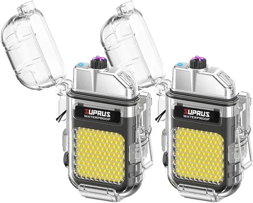 Vista 9 de SUPRUS Mechero impermeable de 3 modos de linterna, encendedor resistente al viento, eléctrico de arco doble recargable, encendedor de plasma de arco