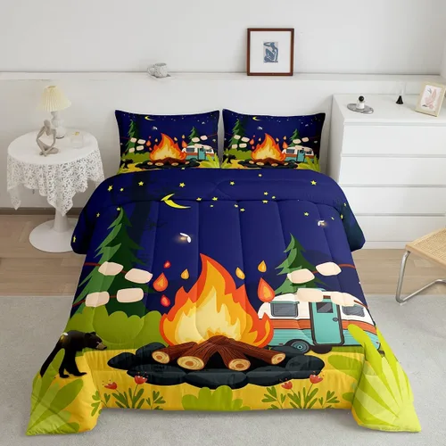 Vista 38 de Juego de ropa de cama con temática de cámper, juego de edredón de cabaña de madera marrón y verde, tamaño matrimonial, 3 piezas, decoración de Multi