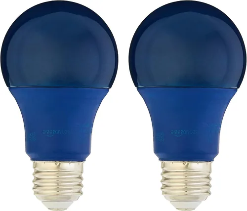 Vista 5 de Amazon Basics Bombilla LED A19 color azul fiesta, equivalente a 60 vatios, eficiencia energética, base estándar E26, no regulable, vida útil