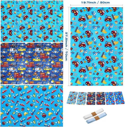 Vista 2 de BWLOIES Papel de regalo para niños y niños, hojas de papel de regalo de cumpleaños con coche de policía, camiones de bomberos, grúa, ambulancia
