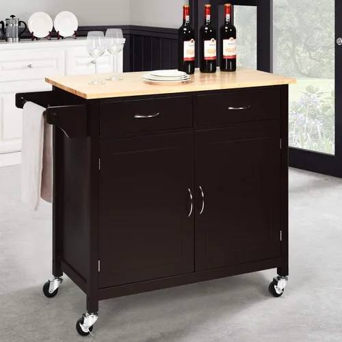 Vista 7 de Giantex Isla de cocina, carrito de cocina rodante, encimera de madera, carrito de servicio utilitario con armario de almacenamiento y 2 toalleros