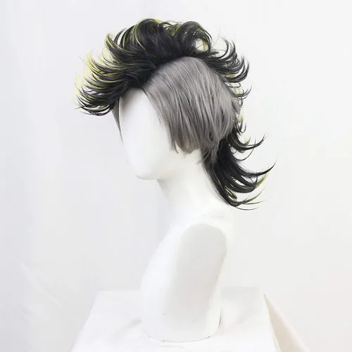 Vista 3 de SYIBOO Shinazugawa Genya Cosplay Pelucas Anime Kimetsu No Yaiba Peluca de pelo de fibra de alta temperatura estilo negro y amarillo