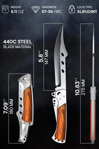 Vista 3 de Grand Way Cuchillo plegable de hoja larga – Cuchillos afilados para caza, senderismo, campamento, supervivencia táctica y trabajo para hombres