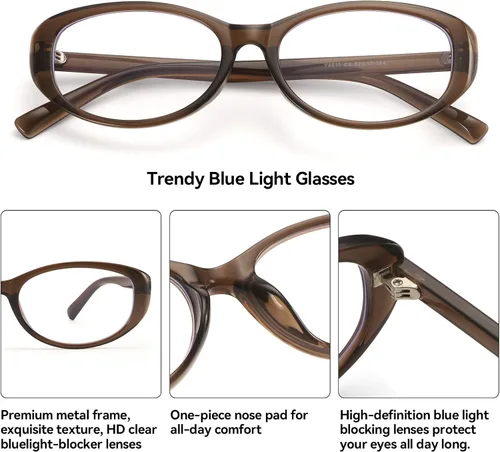 Vista 3 de Dollger Lentes de bloqueo de luz azul para mujer, con marco ovalado retro de moda, gafas pequeñas de ojo de gato Marrón