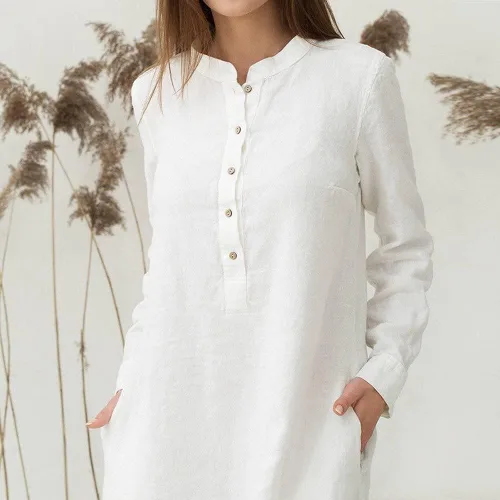 Vista 4 de ADHOWBEW Vestido largo de lino de manga larga con cuello en V para mujer, con bolsillos, ajuste holgado
