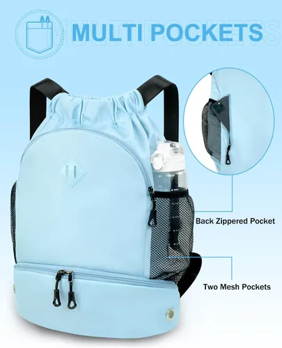 Vista 3 de Mochila de gimnasio con cordón y compartimento para zapatos para hombres y mujeres, bolsa deportiva de cuerda con bolsillo húmedo, bolsa de playa