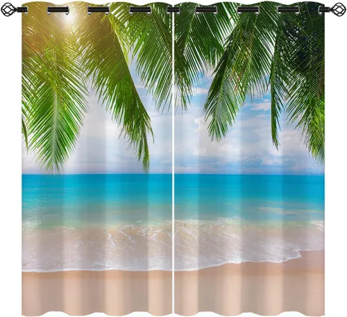 Vista 14 de Cortinas opacas de arena para niñas y niños, decoración del hogar, vacaciones, playa, agua azul, puesta de sol, nubes, ojales, aislamiento térmico