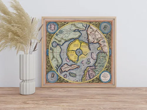 Vista 4 de Mercators 1595 - Póster artístico de pared con diseño de mapa de la tierra plana de las regiones del polo norte Septentrionalium Terrarum, póster