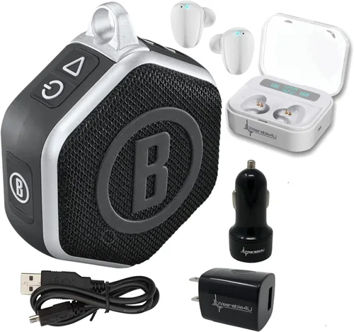 Vista 8 de Bushnell Wingman Mini Altavoz Bluetooth GPS negro/plateado con auriculares negros definitivos y cargadores de pared/coche
