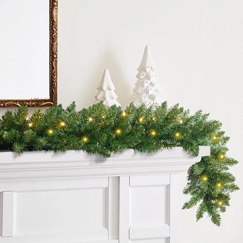 Vista 2 de Somikis - Pack de 2 guirnaldas de Navidad preiluminadas de 2.7 m con 50 luces LED artificiales y diseño clásico de pino verde para repisa