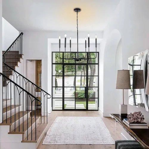 Vista 7 de Lámpara de araña estilo granja, accesorios de iluminación para techo colgante, 6 luces, vela moderna, negro mate, accesorio de luz de techo, 26