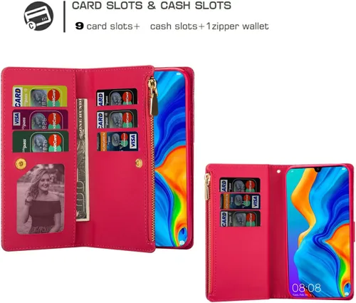 Vista 3 de Funda de teléfono para Huawei P30 Lite/Nova 4E con protector de pantalla de vidrio templado y correa para la muñeca Bling Glitter Flip Zipper